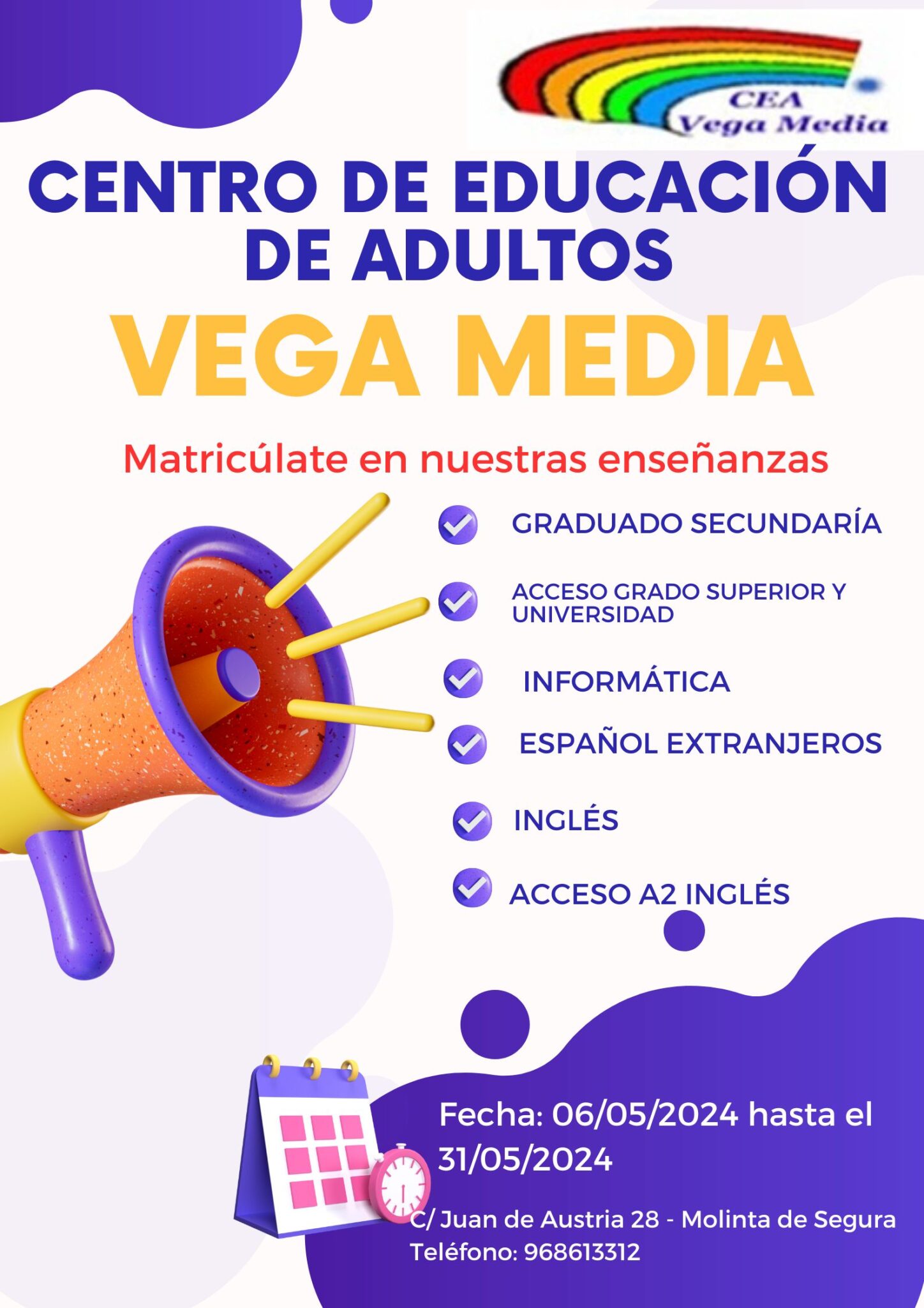 Escuela de Adultos Molina Plazo de matrícula curso 2024 25 CARTEL