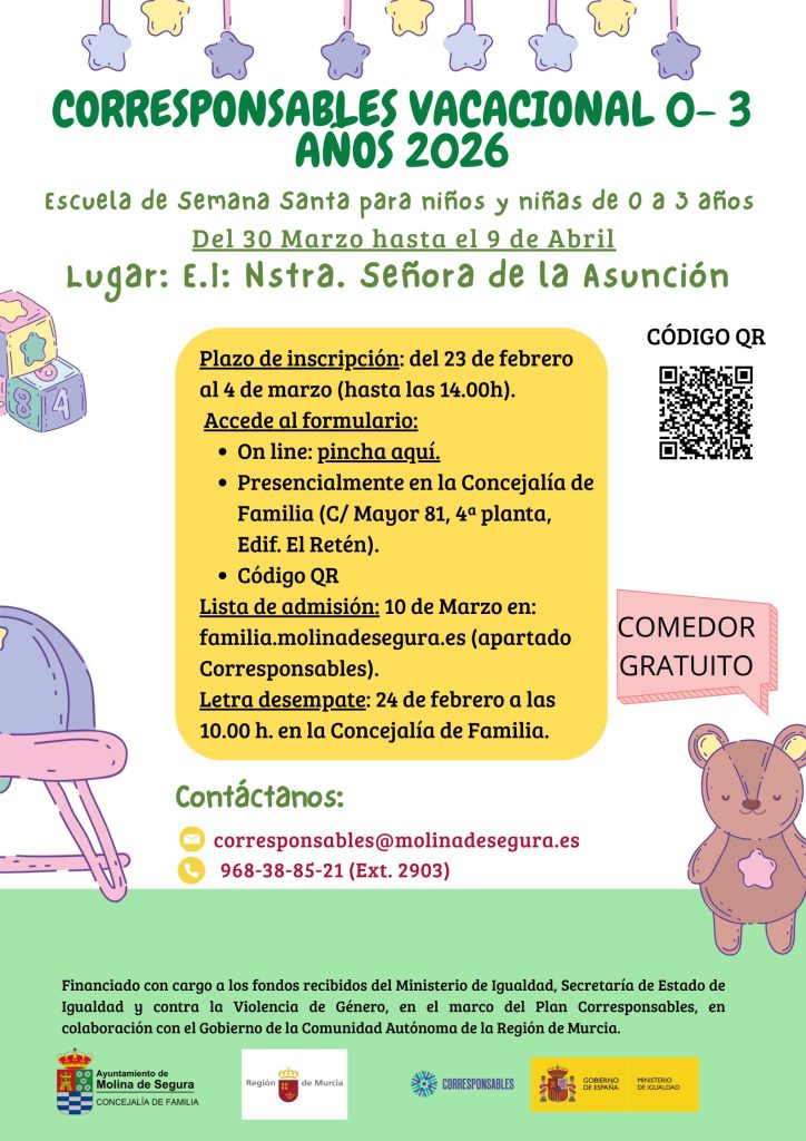 Familia Molina Servicio ‘Corresponsables Vacacional de 0 a 3 años Semana Santa 2026’ Plazo inscripción CARTEL